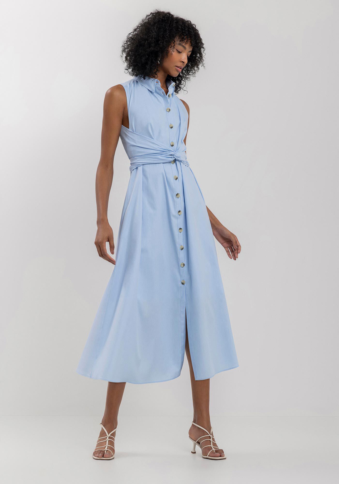 Vestido Midi Ch&aacute; Em Algod&atilde;o Respons&aacute;vel Com Amarra&ccedil;&atilde;o, AZUL EXPRIM, large.