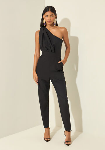 Macacão Longo De Um Ombro Só Em Alfaiataria, PRETO. Macacão Longo De Um Ombro Só Em Alfaiataria, PRETO, large.