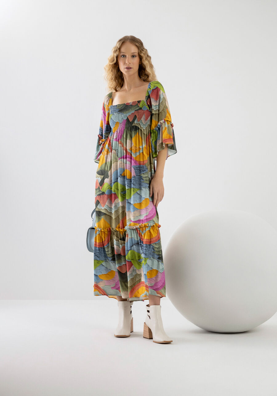 Vestido Midi em Viscose com Manga Flare, NUVENS. Vestido Midi em Viscose com Manga Flare, NUVENS, large.