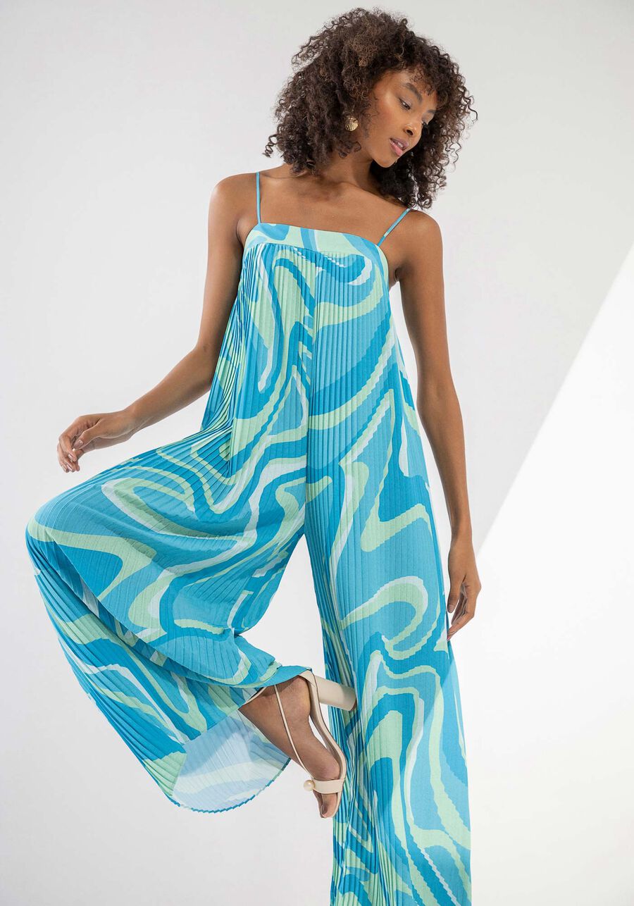 Macacão Longo Plissado Estampado com Decote Reto, VISAYAN. Macacão Longo Plissado Estampado com Decote Reto, VISAYAN, large.