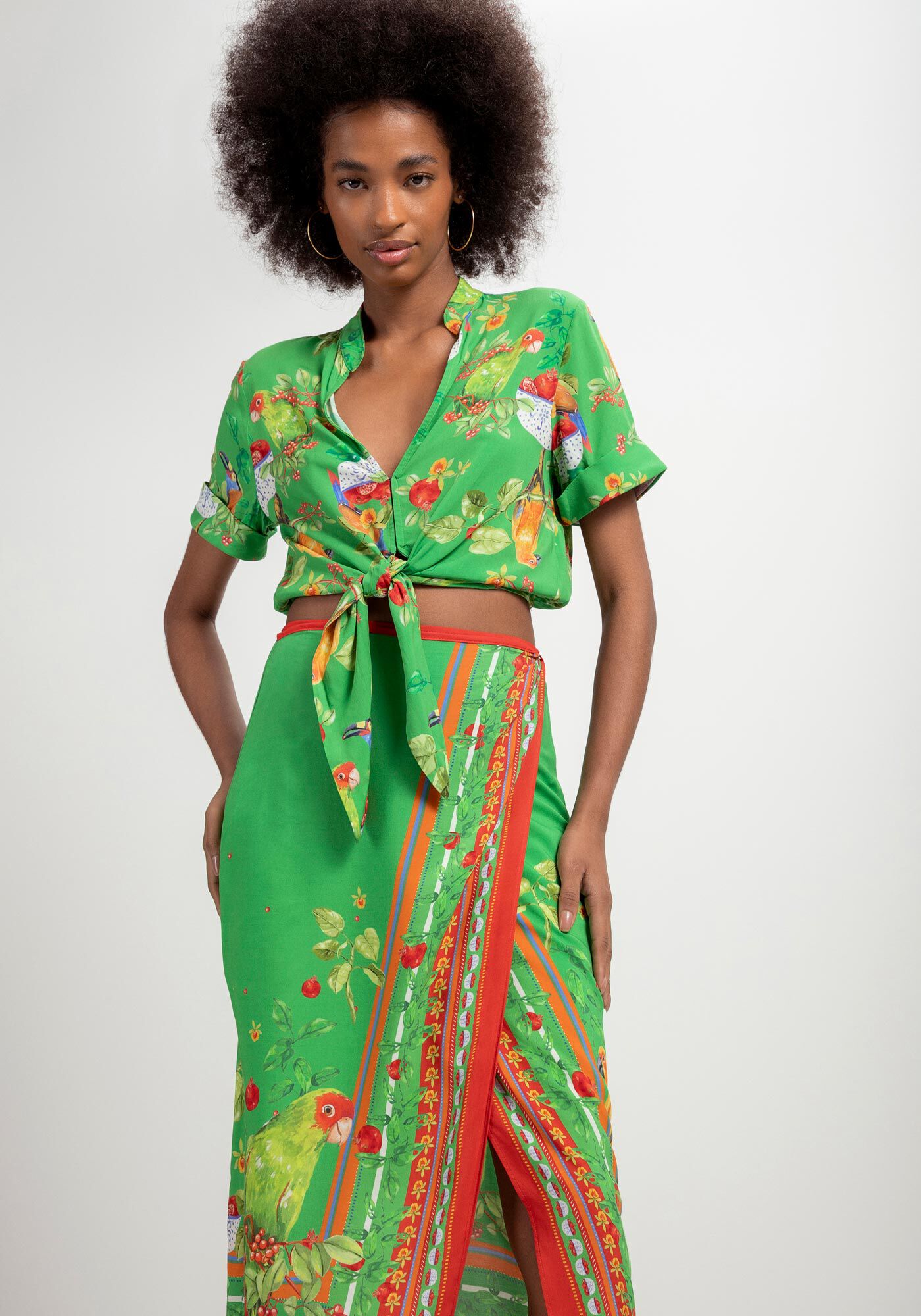 Saia Midi Transpassada em Viscose com Franjas, , large.