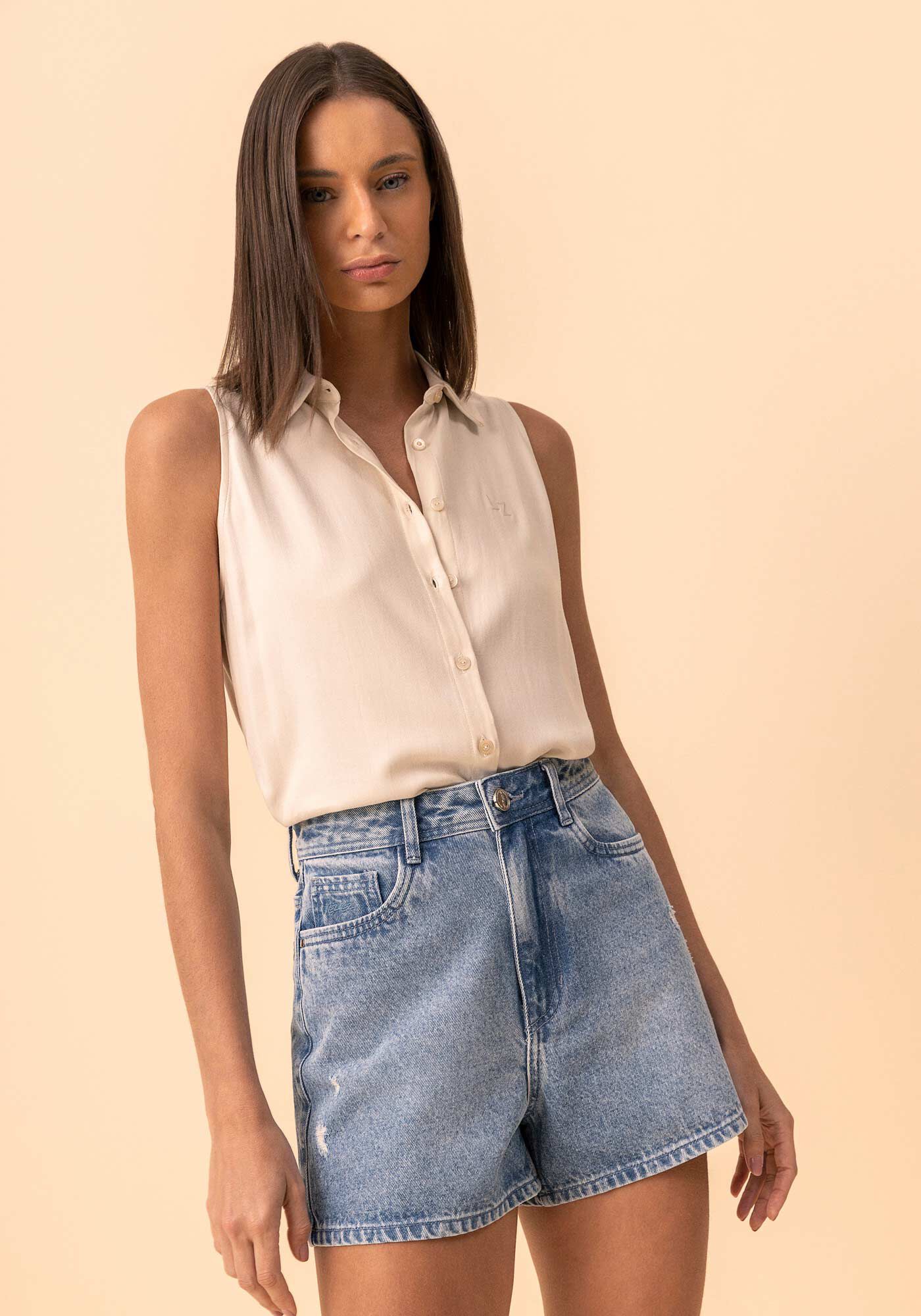 Shorts Jeans Hot Pant Com Cintura Alta E Bolsos, JEANS, large.