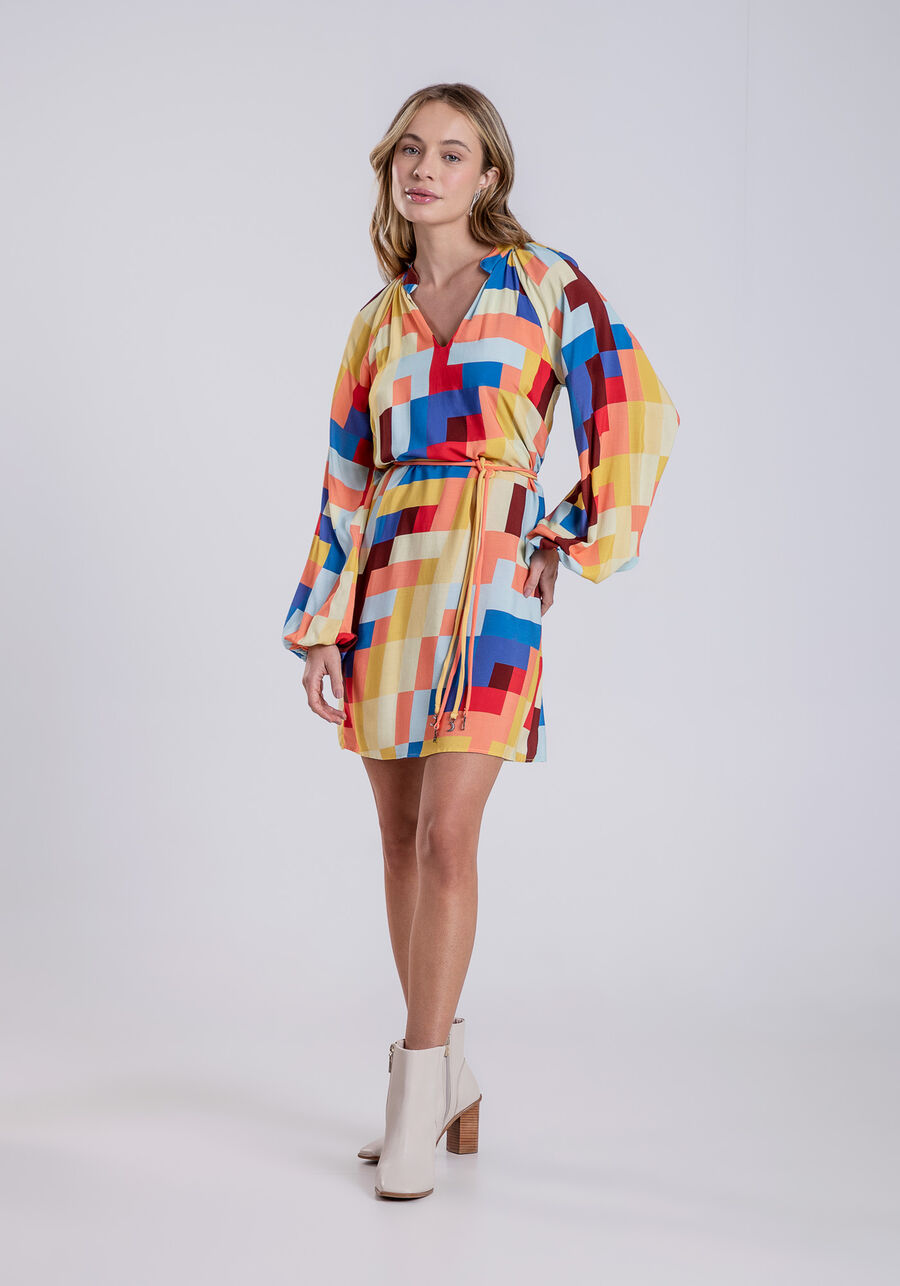 Vestido Curto Manga Bufante e Cinto, BALAO. Vestido Curto Manga Bufante e Cinto, BALAO, large.