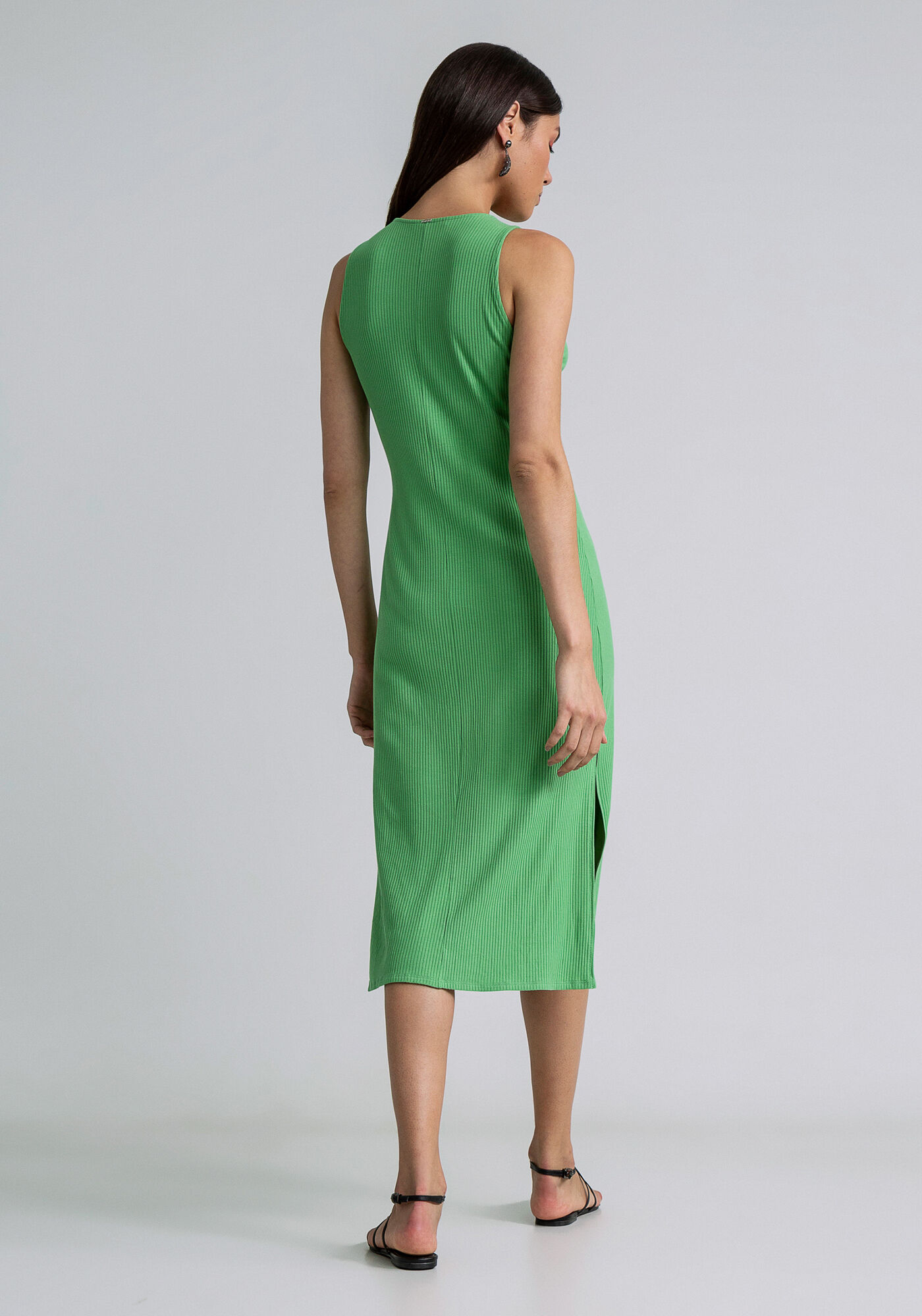 Vestido Midi Canelado Fenda, VERDE, large.