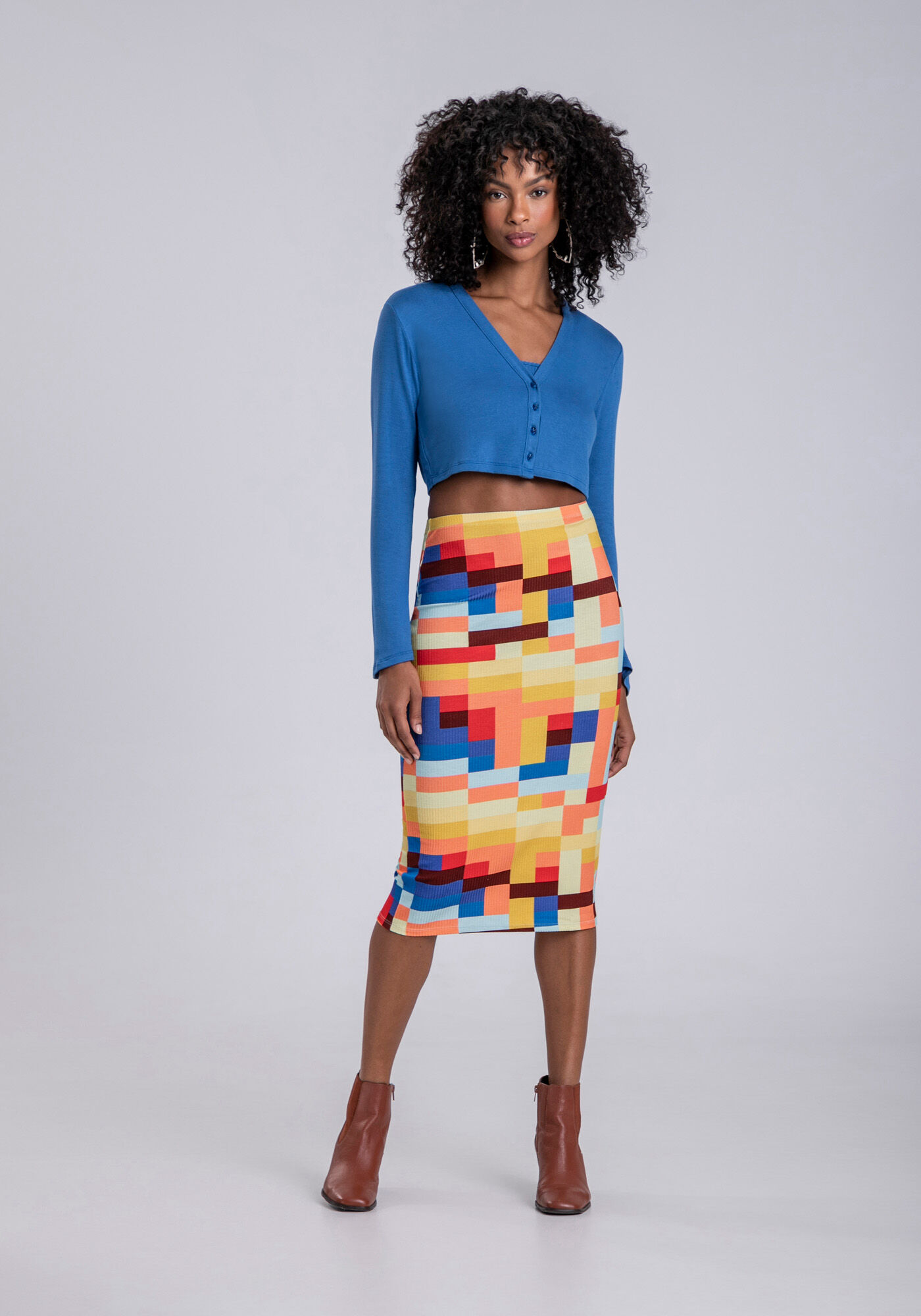 Cardigan Cropped em Malha Canelada com Blusa, , large.