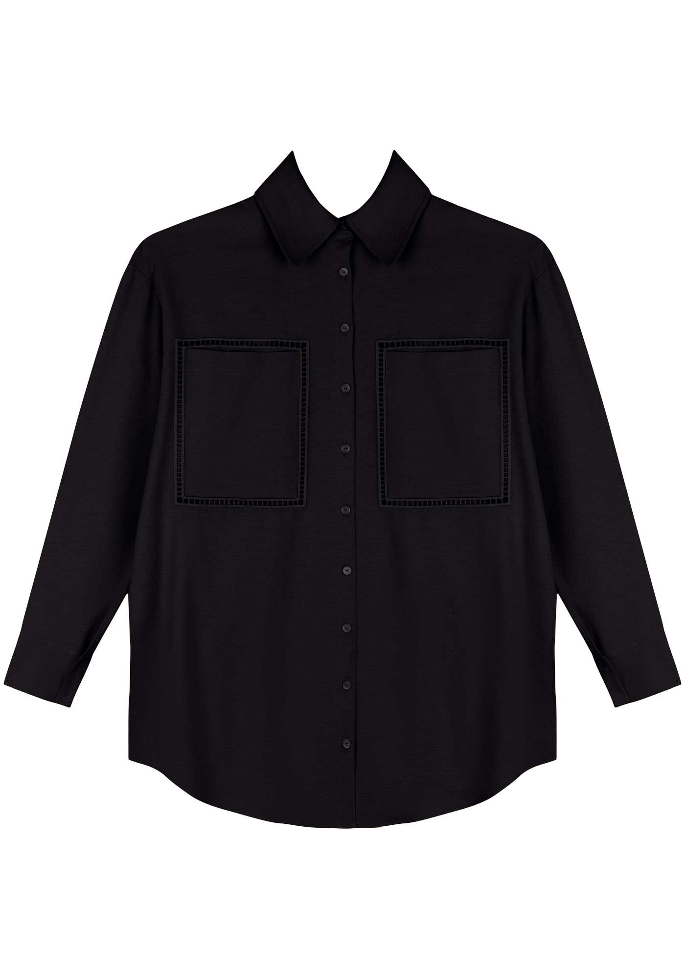 Camisa Overshirt De Mangas Longas Com Bolsos Bordados Vazado, , large.