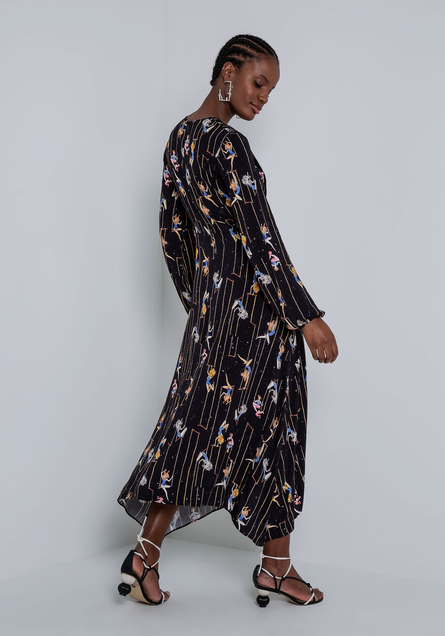 Vestido Longo em Viscose com Manga Longa e Faixa, ACROBATAS. Vestido Longo em Viscose com Manga Longa e Faixa, ACROBATAS, large.