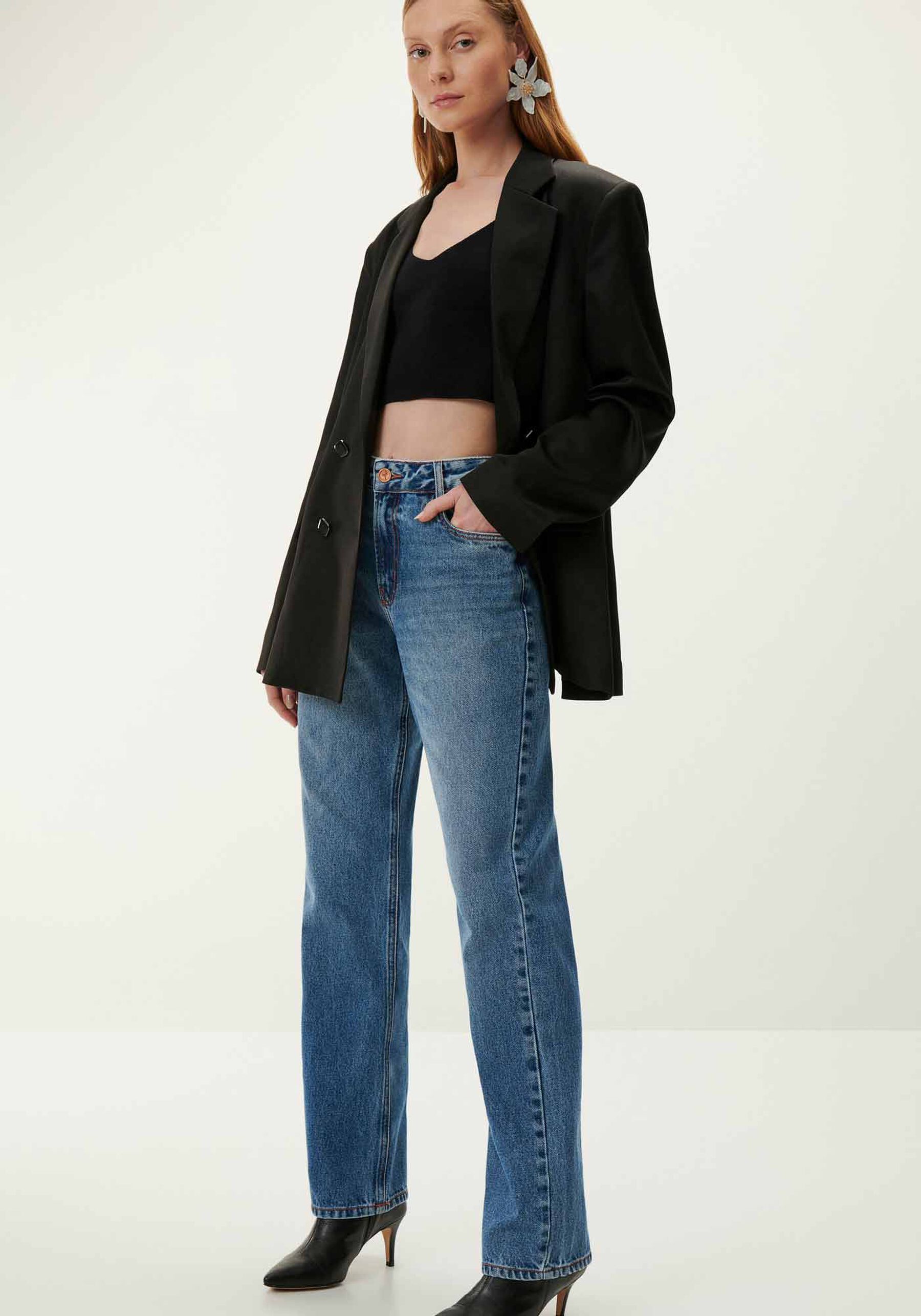 Calça Jeans Reta Estonada com Cintura Média, JEANS. Calça Jeans Reta Estonada com Cintura Média, JEANS, large.