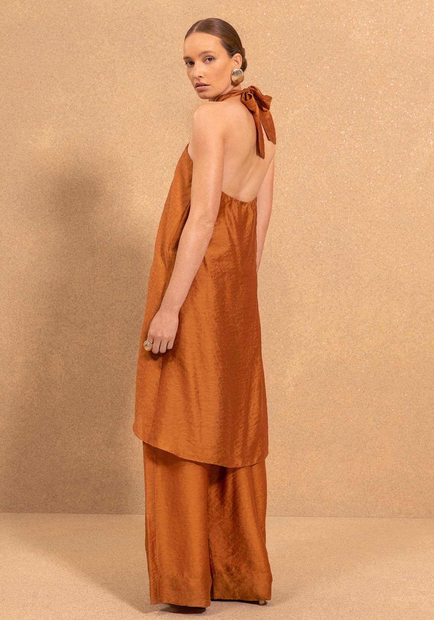 Blusa Alongada Com Amarra&ccedil;&atilde;o Em Tecido Texturizado, BEGE GLAZED, large.