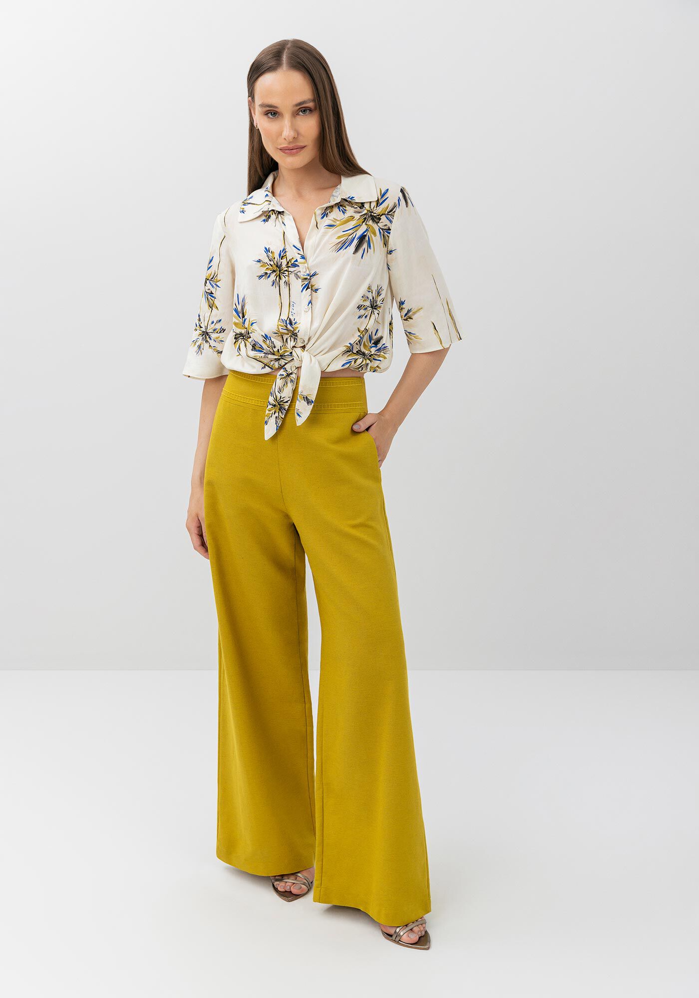 Camisa De Mangas Curtas Estampada Com Bot&otilde;es E Amarra&ccedil;&atilde;o, , large.