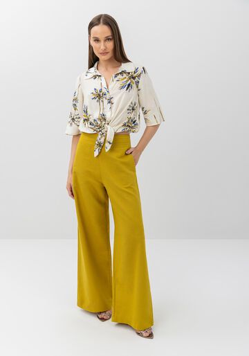 Camisa De Mangas Curtas Estampada Com Botões E Amarração, BURITI BEGE. Camisa De Mangas Curtas Estampada Com Botões E Amarração, BURITI BEGE, large.