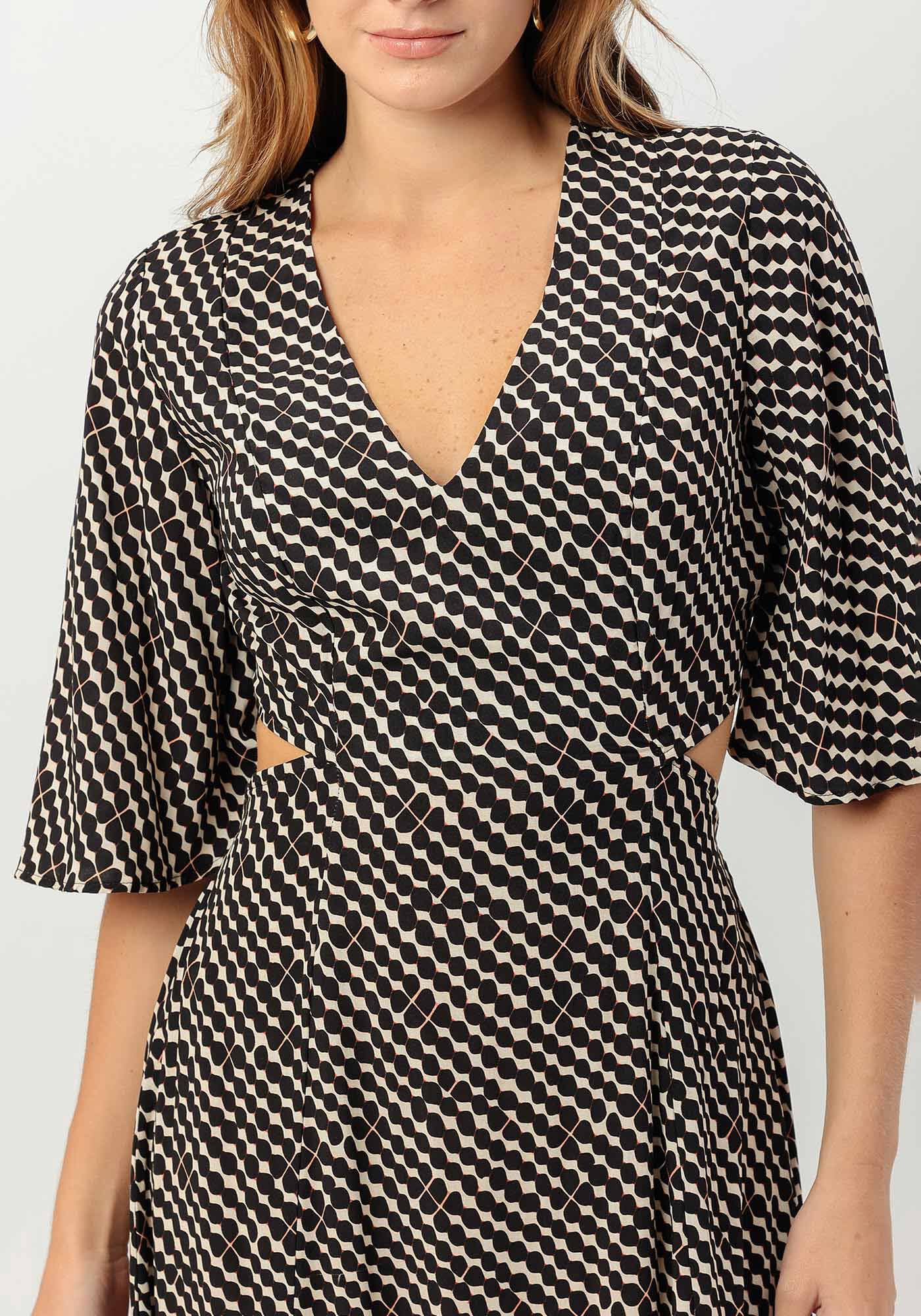 Vestido Midi Manga Flare com Cut Costas, PATTERN, large.
