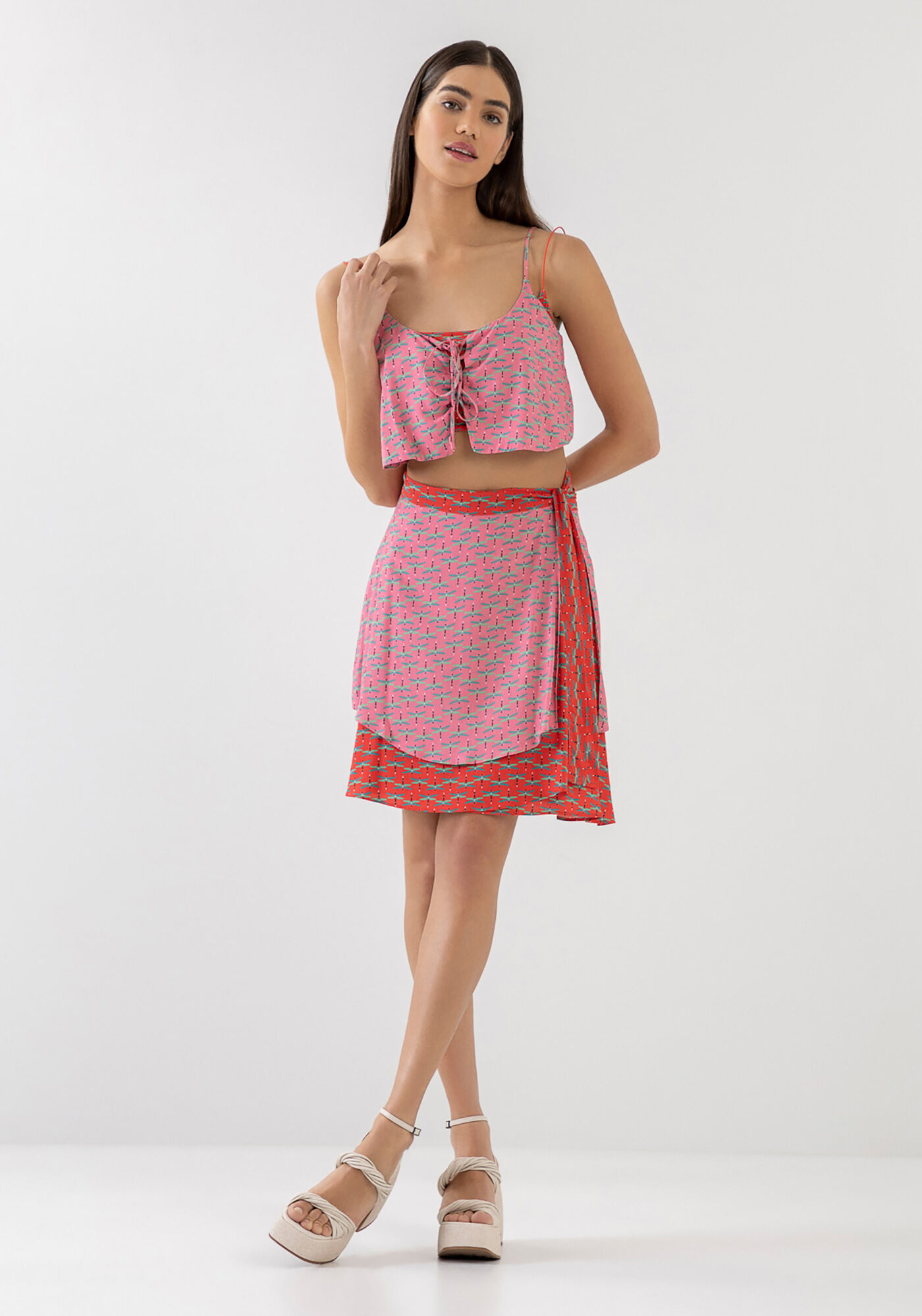 Blusa Cropped Estampada com Top Canelado, ESCARLATE, large.