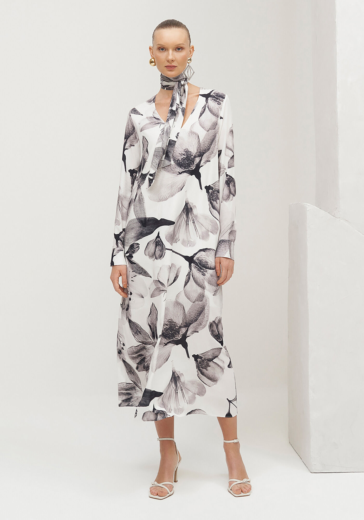 Vestido Midi Manga Longa Estampado com Cinto, , large.