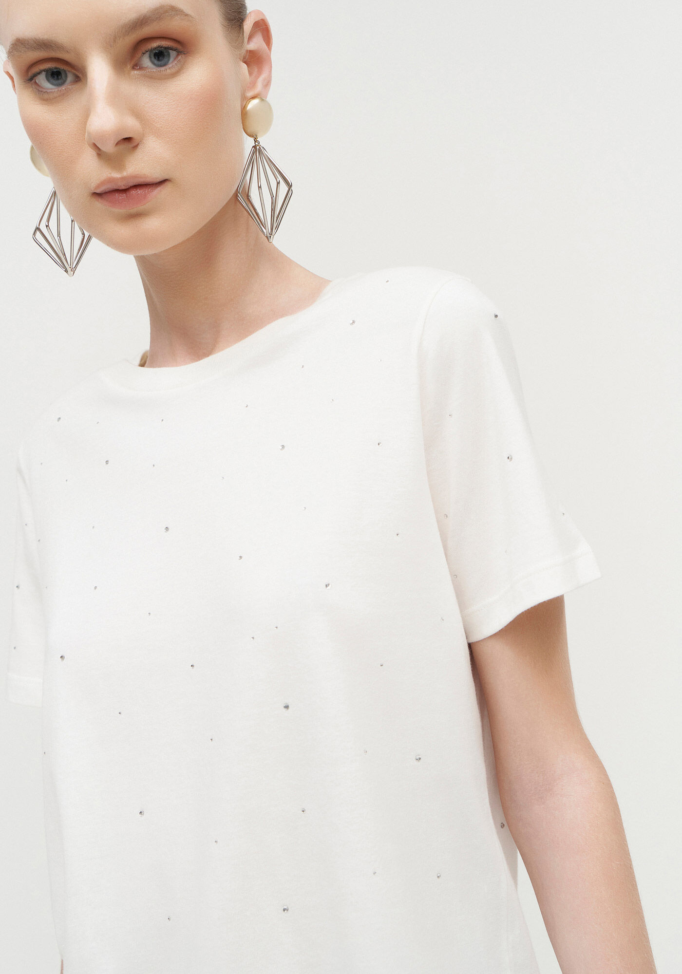 T-shirt em Malha com Strass, BRANCO OFF WHITE, large.