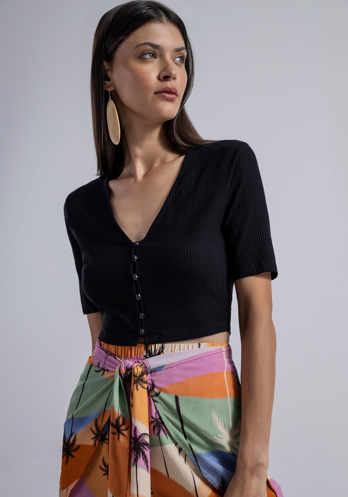 Blusa Cropped Canelada com Bot&otilde;es, , large.