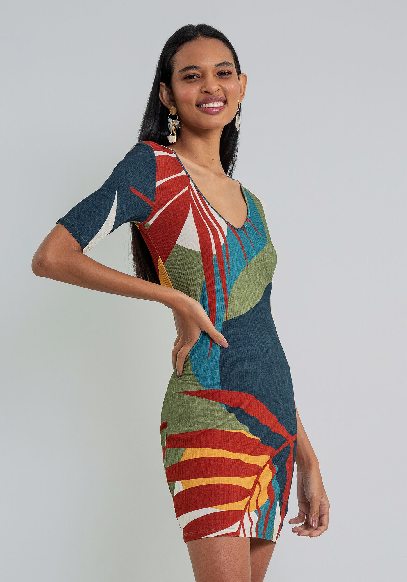 Vestido Decote V Justo Estampa, , large.