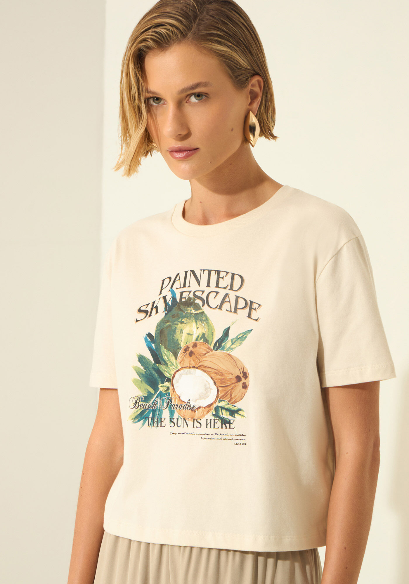 T- shirt Em Malha Penteada De Algod&atilde;o Com Estampa, BEGE ALHAMBRA, large.