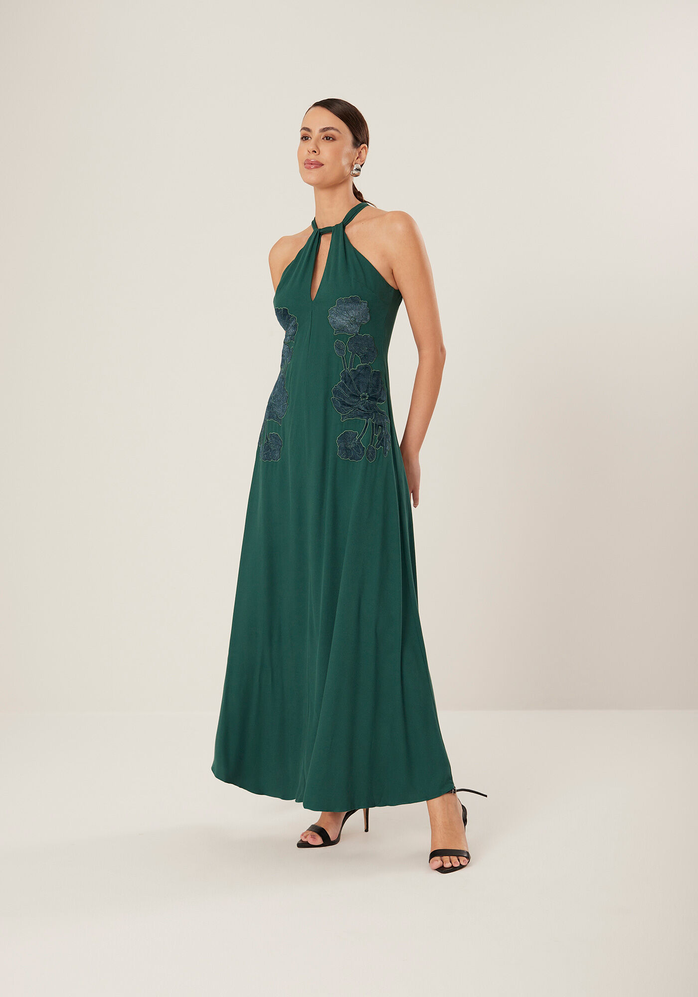 Vestido Longo Com Bordados Frontais Em Crepe De Viscose, VERDE CERES, large.