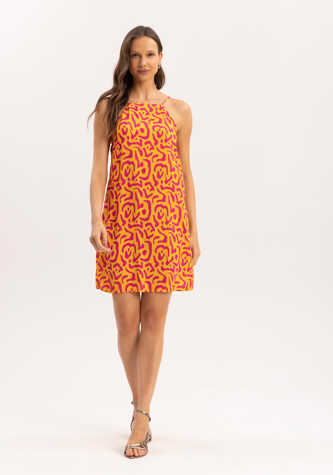 Vestido Curto Halter Neck em Viscose Estampada, , large.