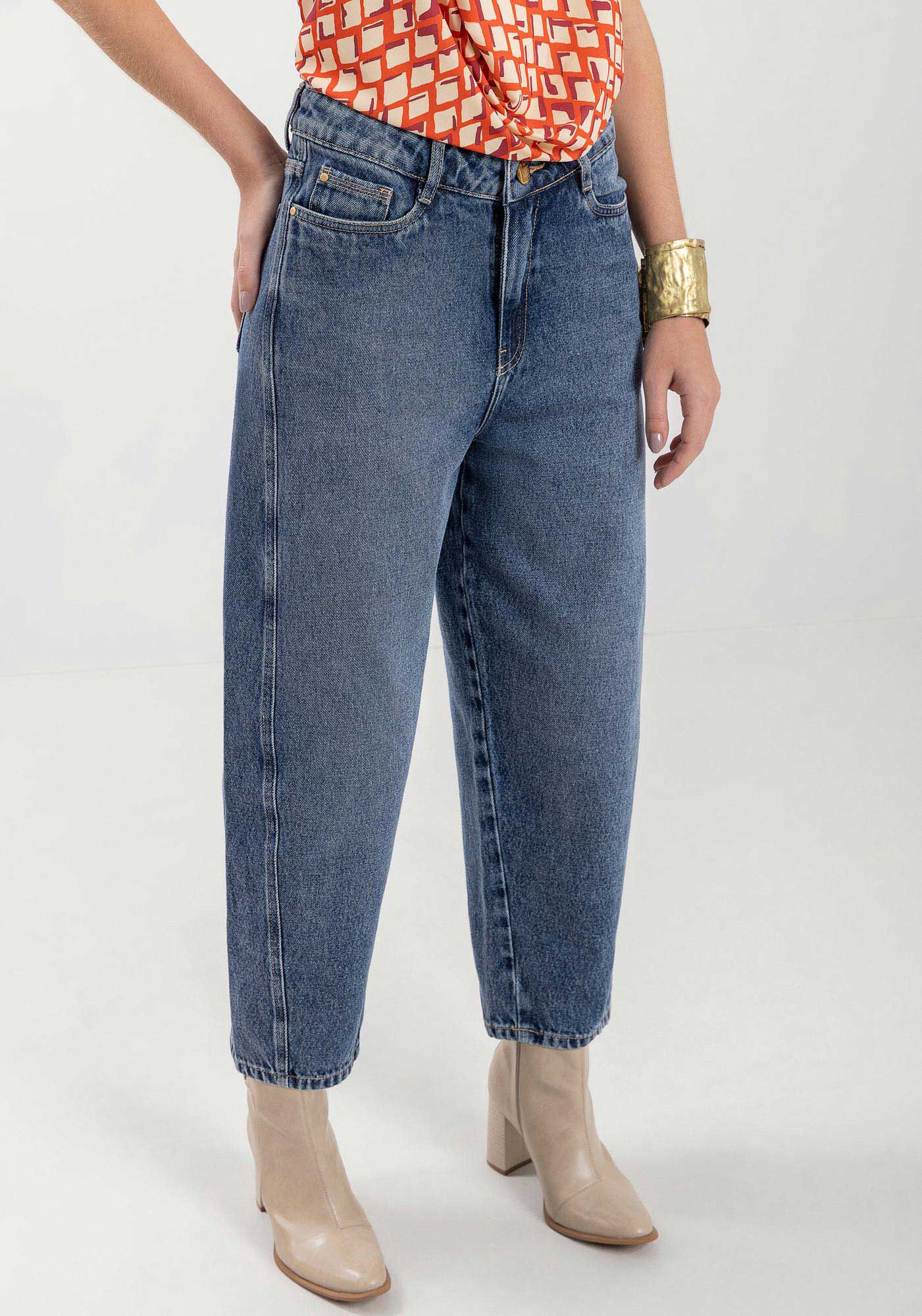 Cal&ccedil;a Jeans Barrel Com Cintura Alta E Comprimento Curto, , large.