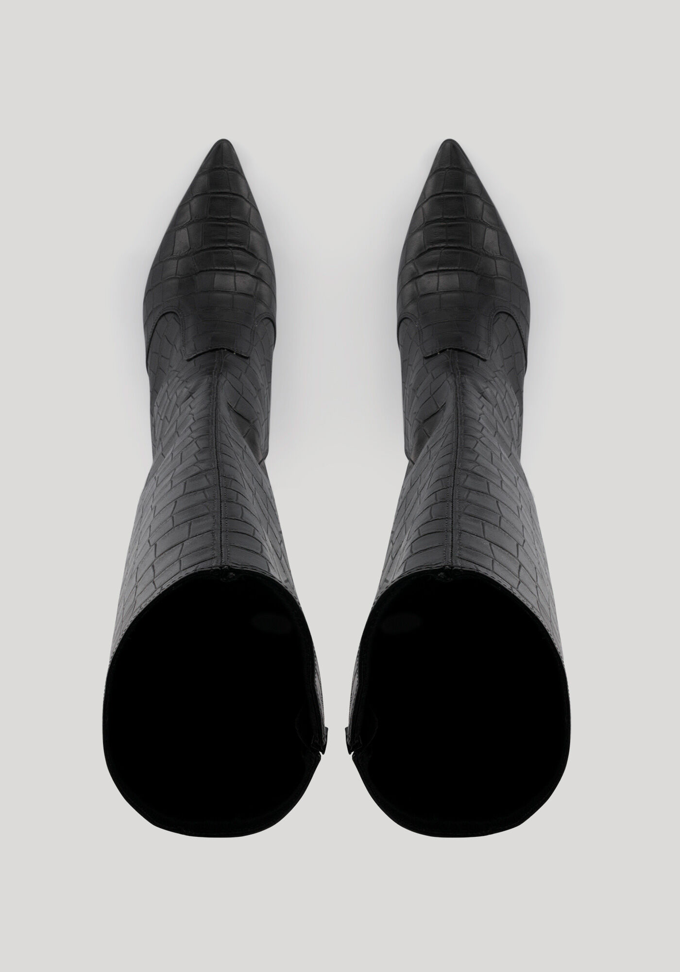 Bota Croco De Cano Alto Com Salto Forrado E Bico Fino, PRETO, large.