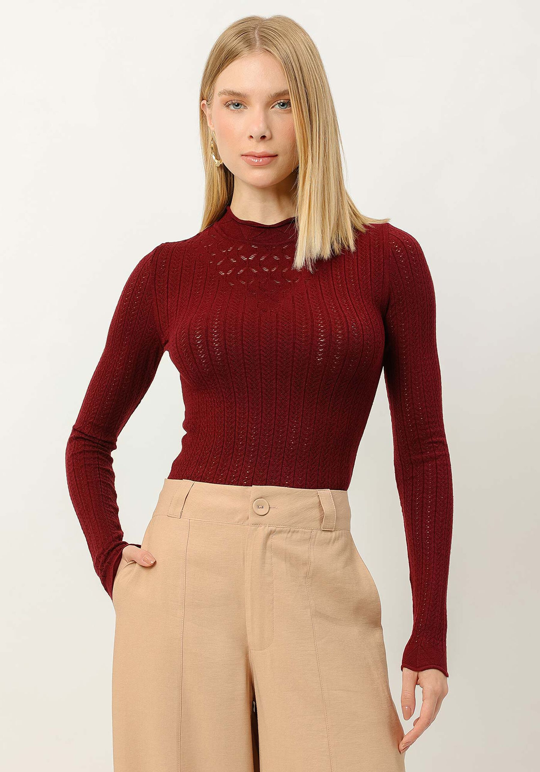 Blusa Manga Longa em Tricô com Detalhe Trama, . Blusa Manga Longa em Tricô com Detalhe Trama, , large.