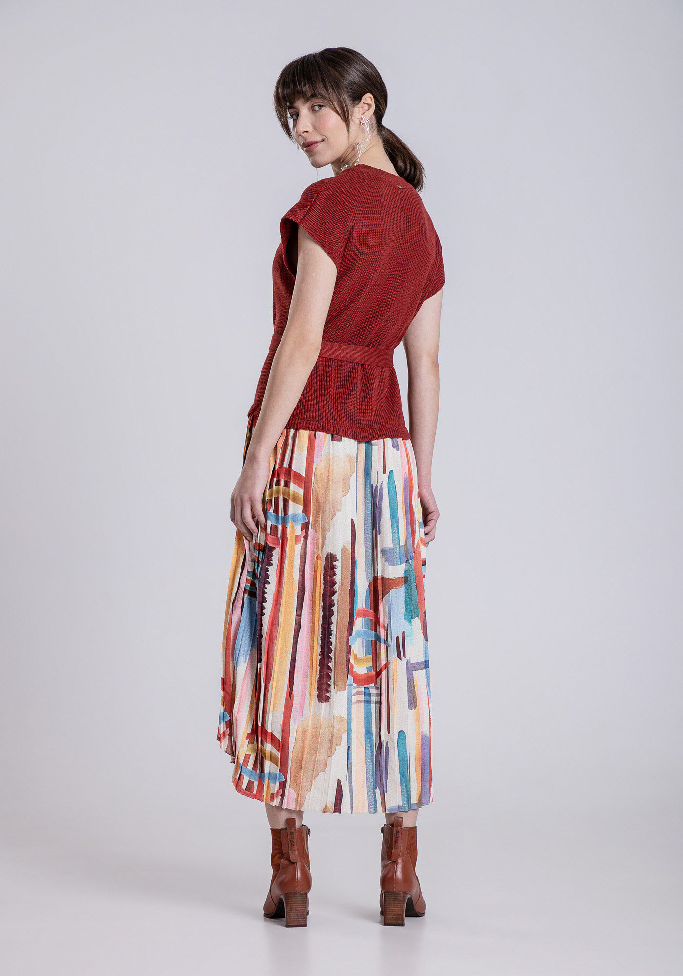 Vestido Midi em Tecido e Tric&ocirc; com Plissado, , large.