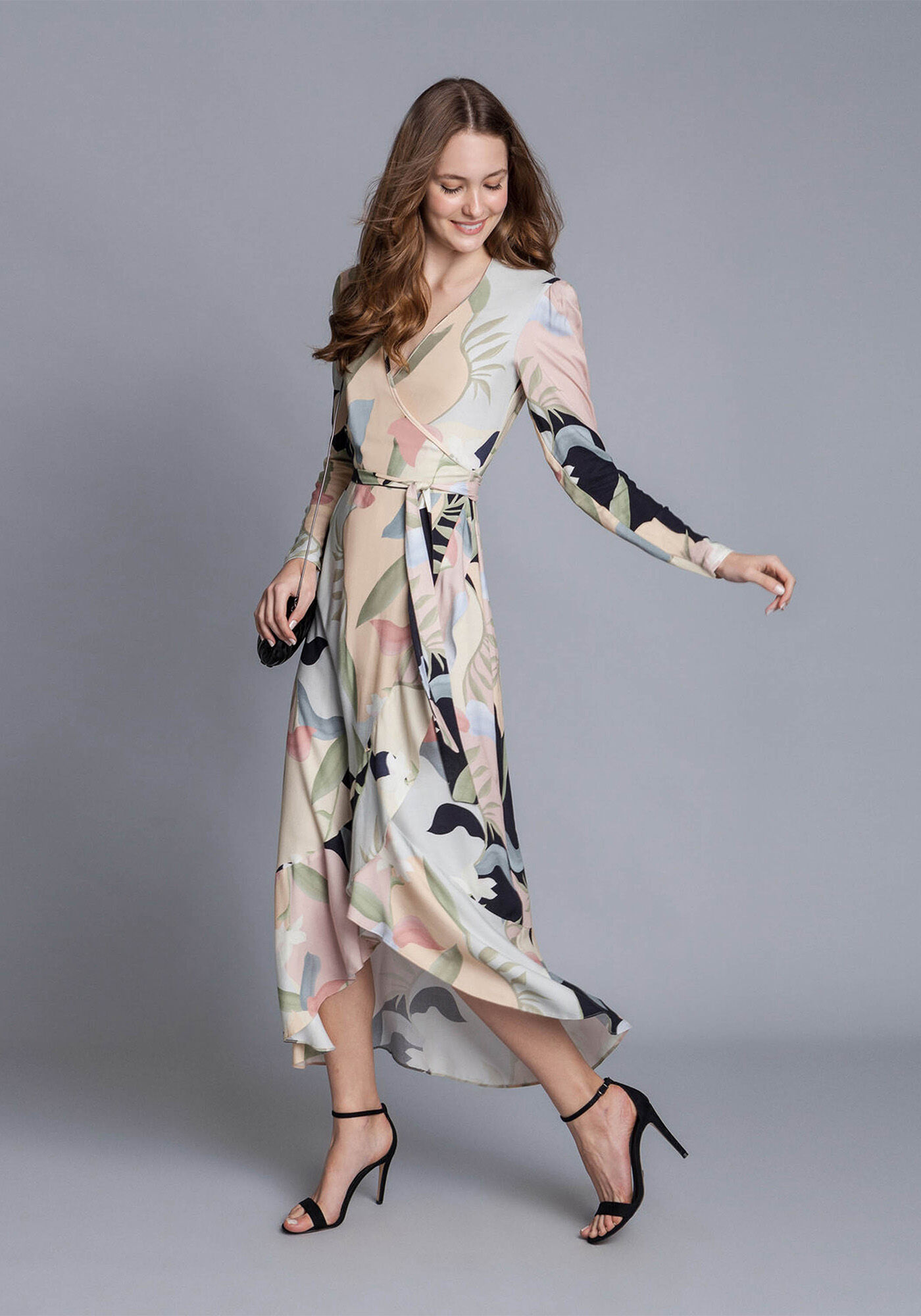 Vestido transpassado sales de manga longa