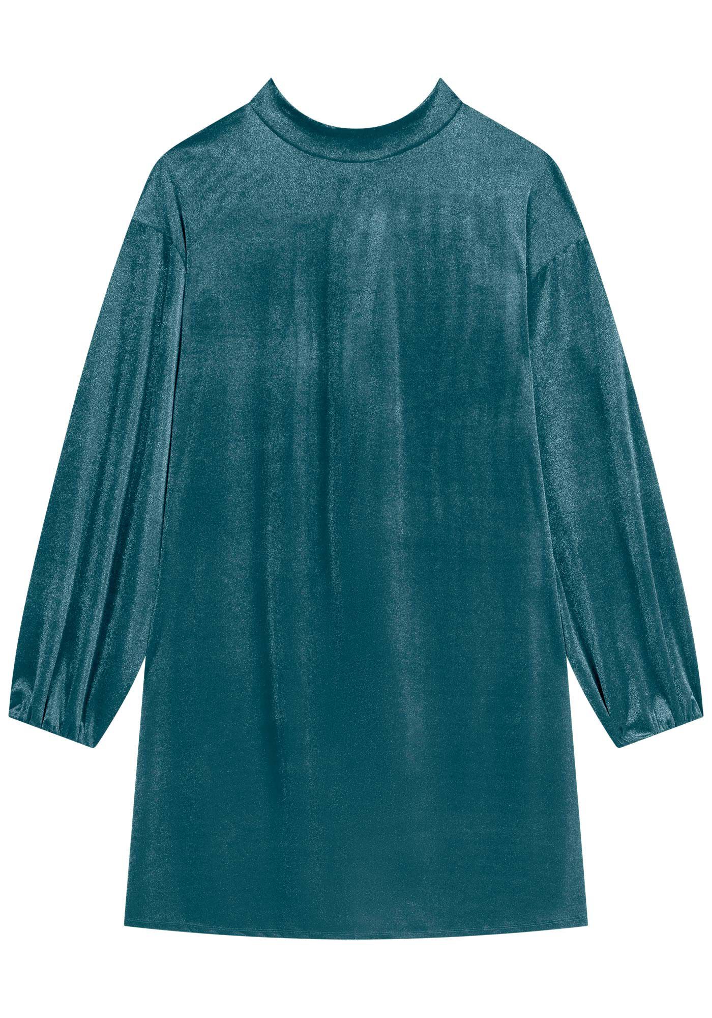Vestido Curto De Mangas Longas Em Malha De Veludo, VERDE CERES, large.