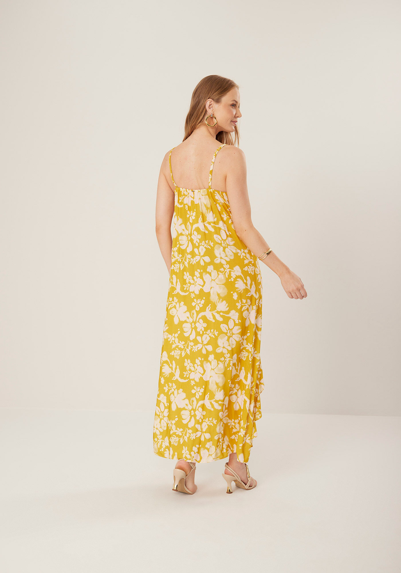 Vestido Estampado Midi Ch&aacute; Com Al&ccedil;as Finas E Babados, , large.