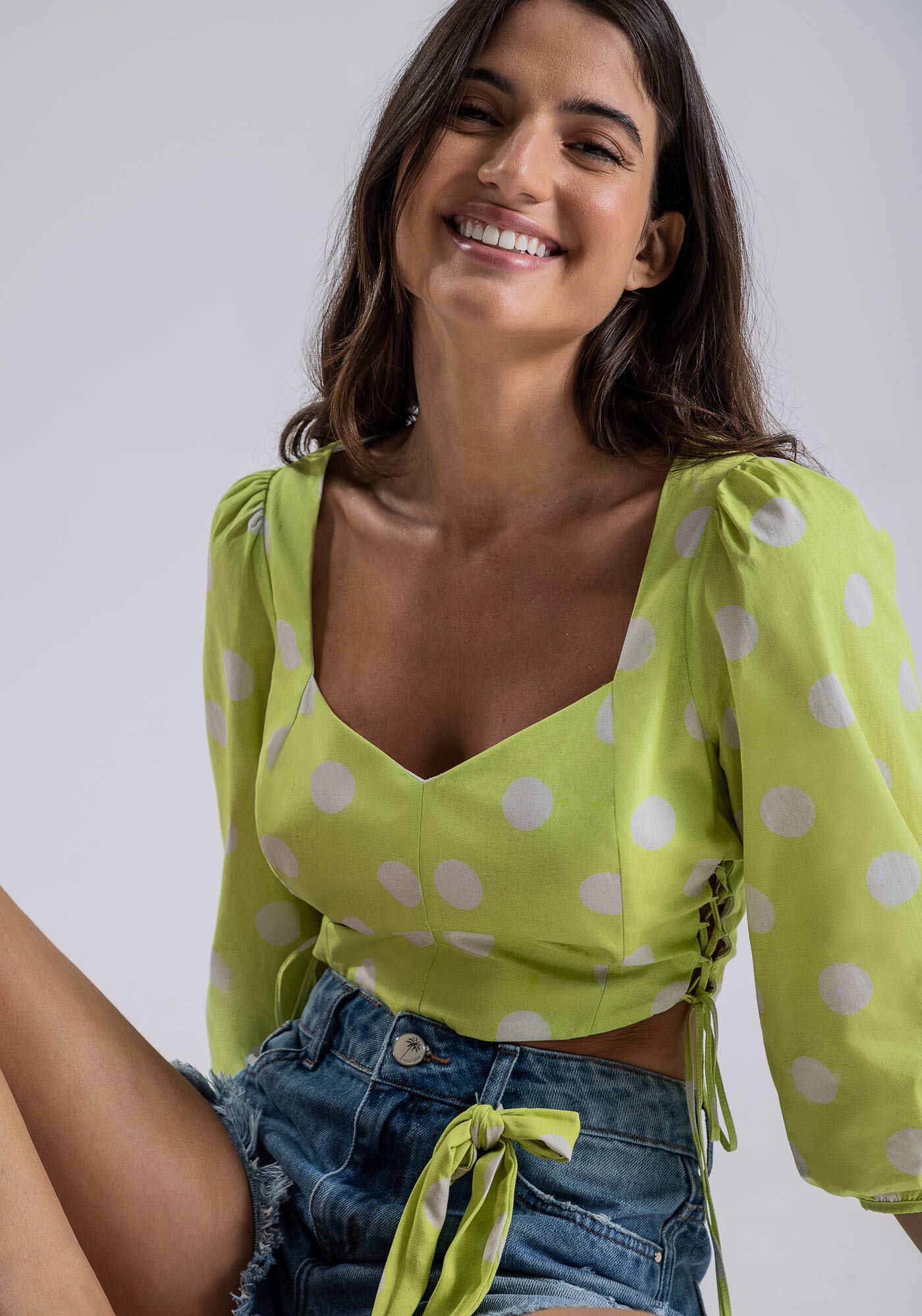 Blusa Manga Bufante com Lace Up, BOLHAS, large.