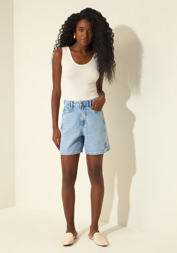 Bermuda Jeans De Cintura Alta Com Bolsos, JEANS. Bermuda Jeans De Cintura Alta Com Bolsos, JEANS, large.