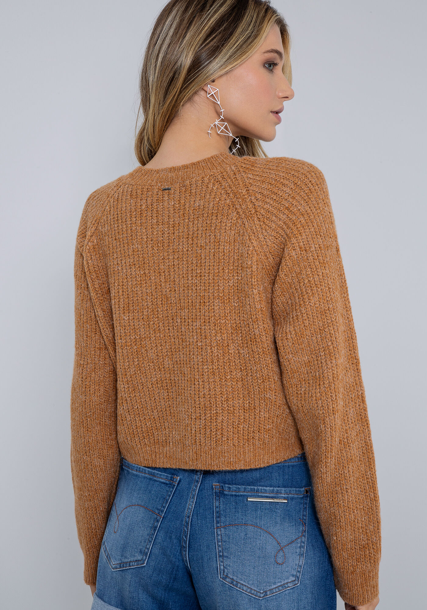 Blusa Manga Longa em Tric&ocirc; Cropped, BEGE MUFFINS, large.