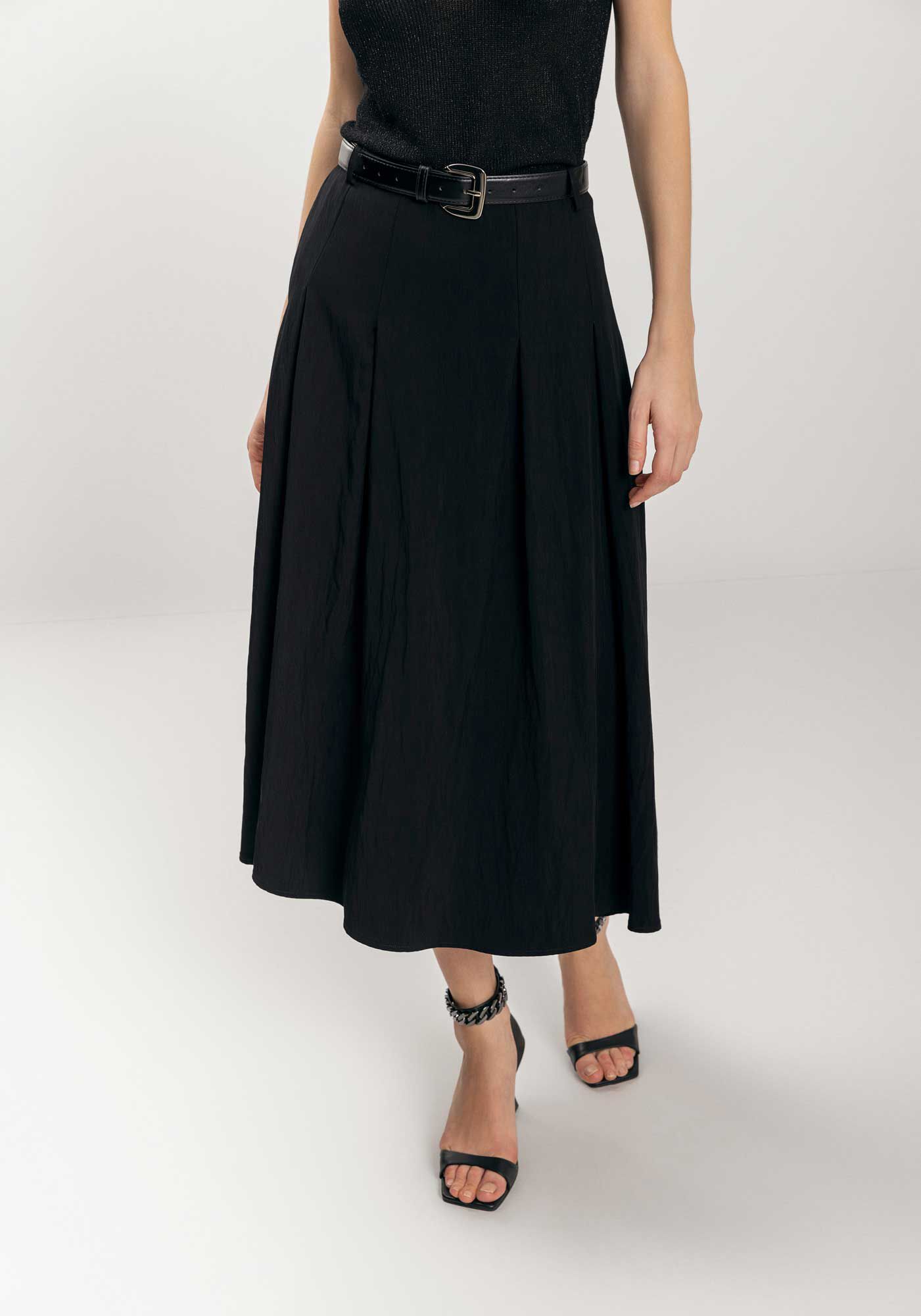 Saia Ch&aacute; De Cintura Alta Com Cinto E Bolsos, , large.