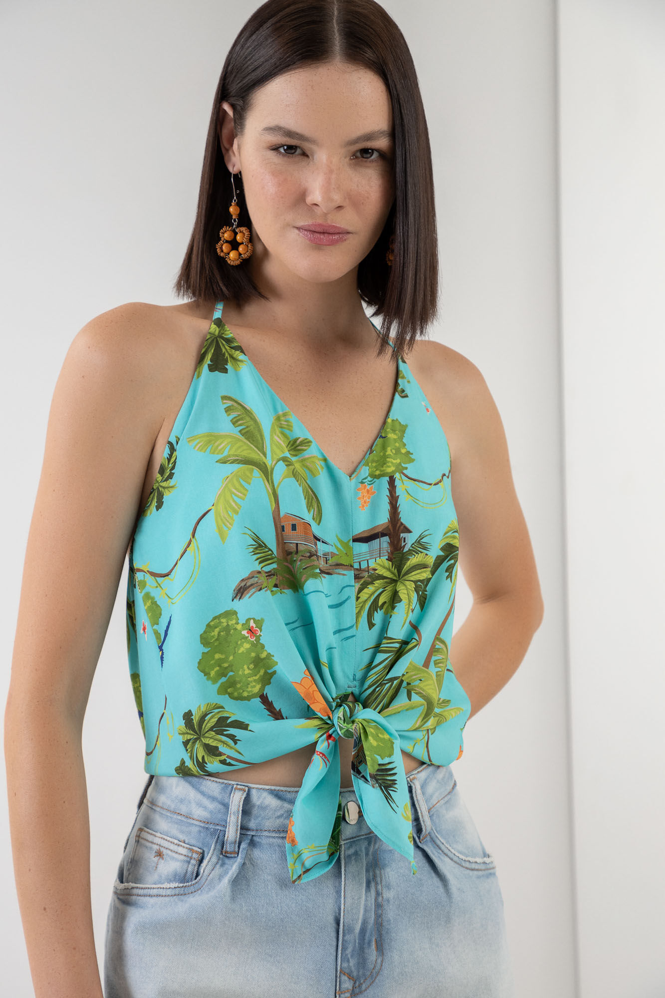 Blusa Frente &Uacute;nica Estampada com Amarra&ccedil;&atilde;o, , large.