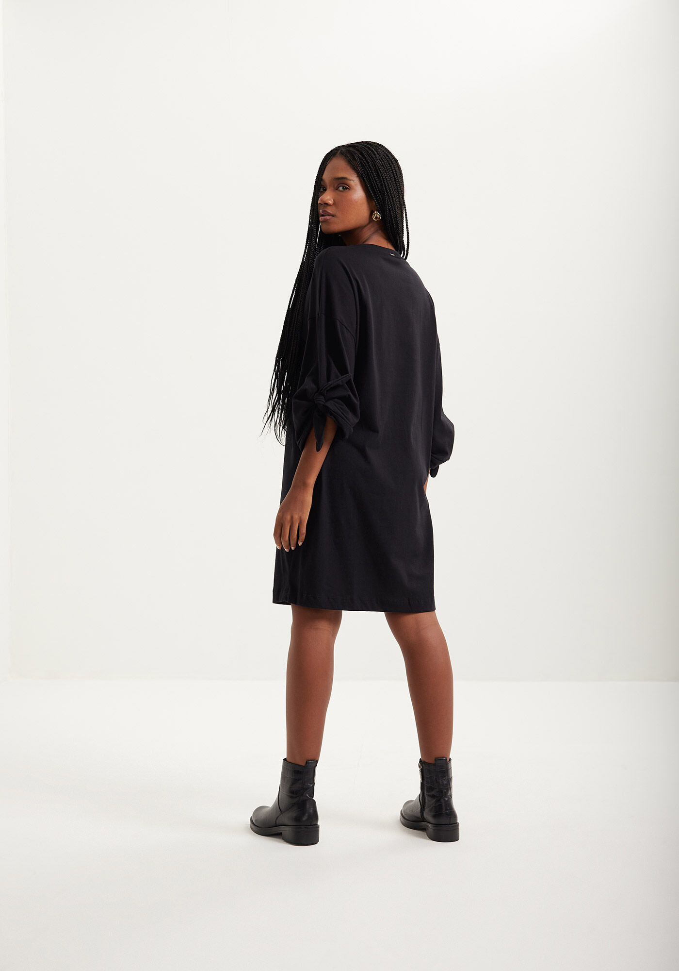 Vestido Curto Em Malha Penteada Com Mangas 3/4 E Amarra&ccedil;&otilde;es, , large.