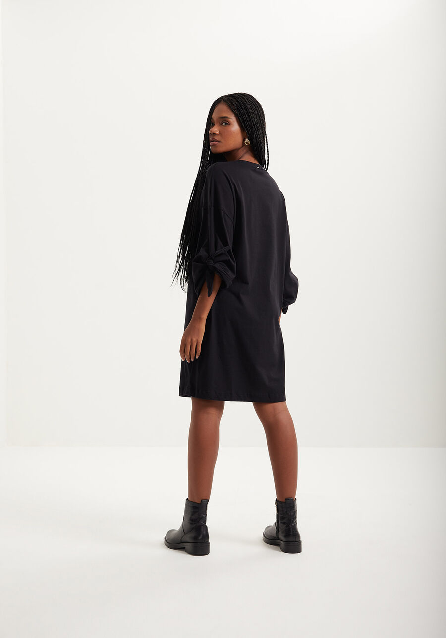 Vestido Curto Em Malha Penteada Com Mangas 3/4 E Amarrações, . Vestido Curto Em Malha Penteada Com Mangas 3/4 E Amarrações, , large.