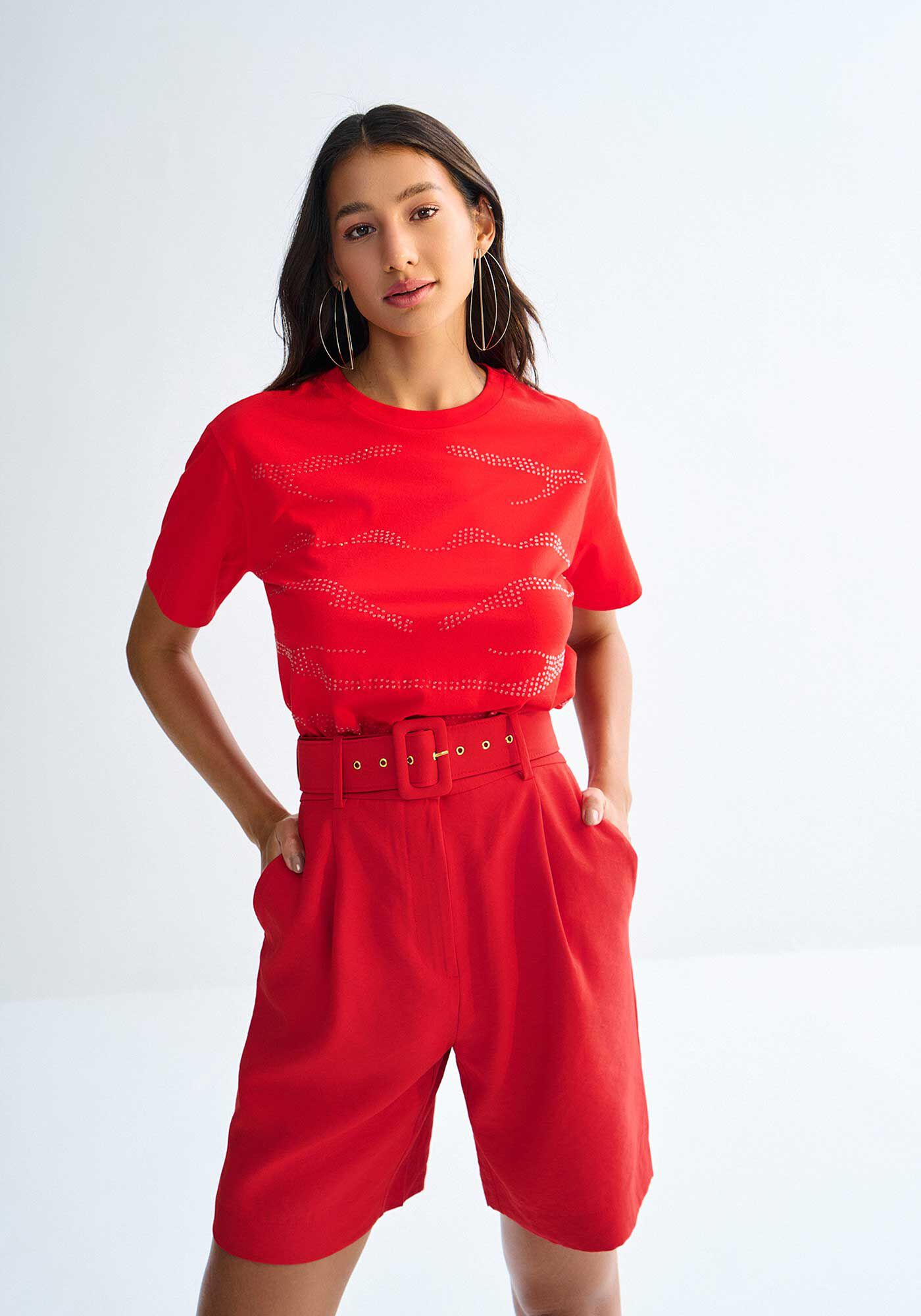 Shorts Cintura Alta Alfaiataria Alongado com Cinto, VERMELHO REDDISH, large.