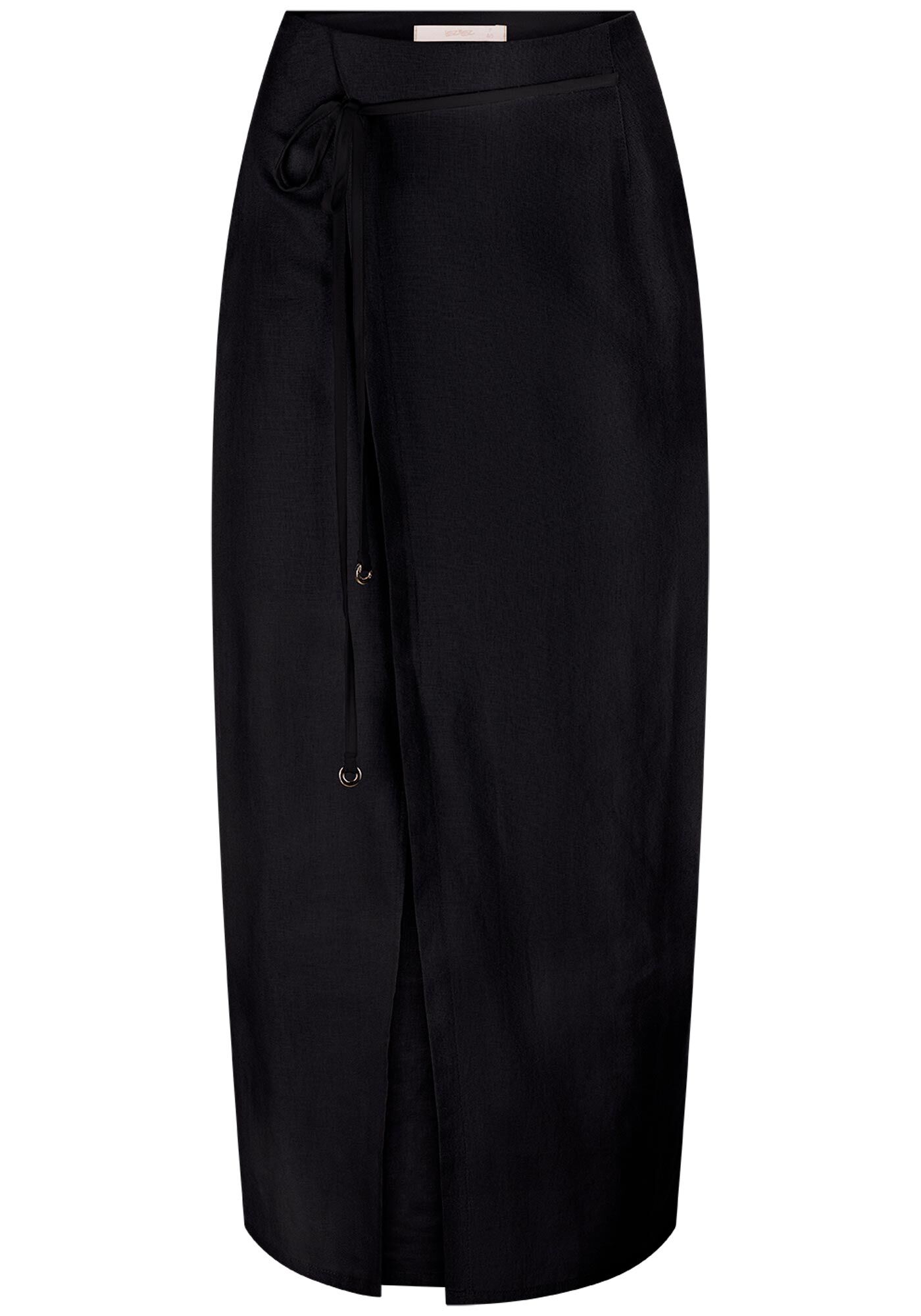 Saia Midi Transpassada em Linho com Cinto, , large.