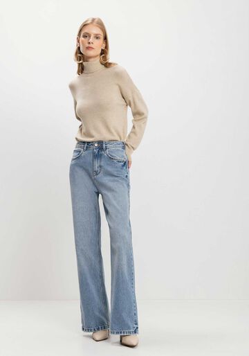 Calça Wide Leg Jeans Com Cintura Alta E Bolsos, JEANS. Calça Wide Leg Jeans Com Cintura Alta E Bolsos, JEANS, large.