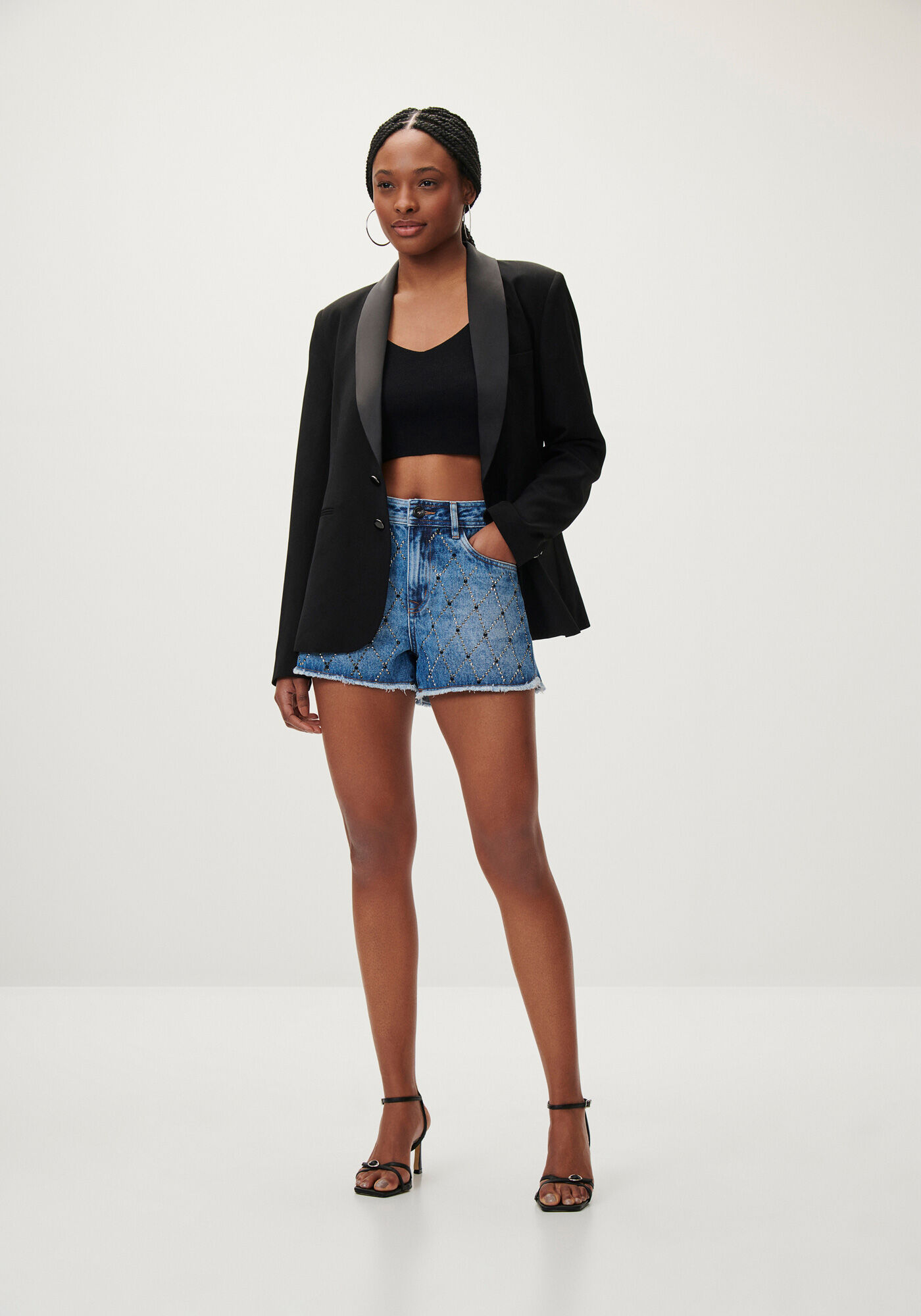 Shorts Jeans Linha A com Strass, JEANS, large.