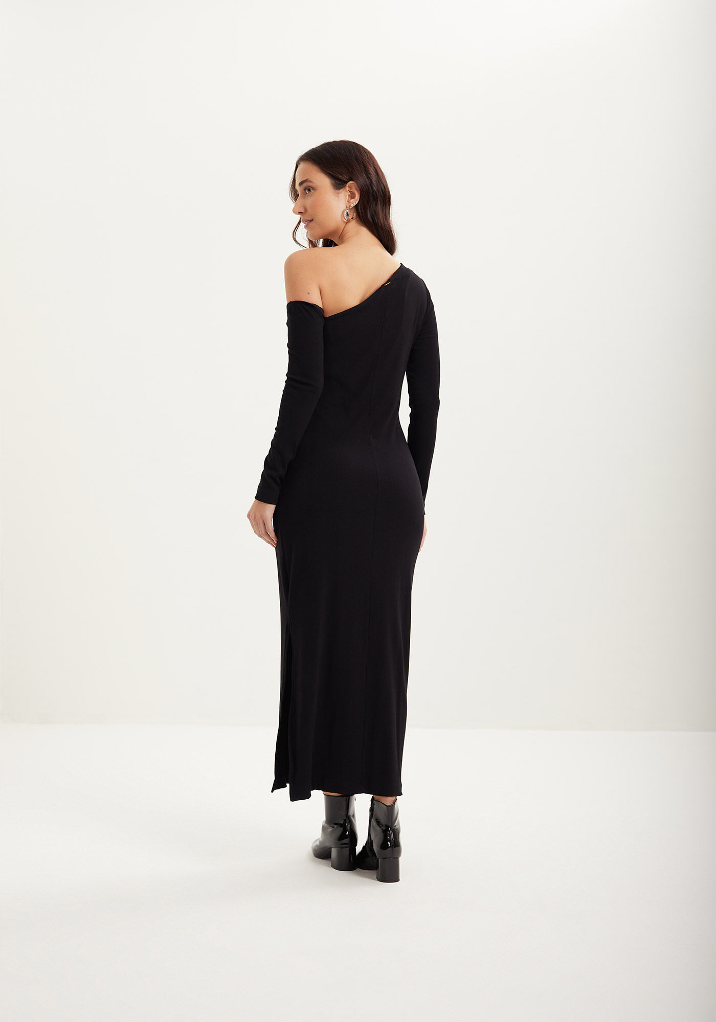 Vestido Um Ombro S&oacute; Ch&aacute; Em Malha Canelada, , large.