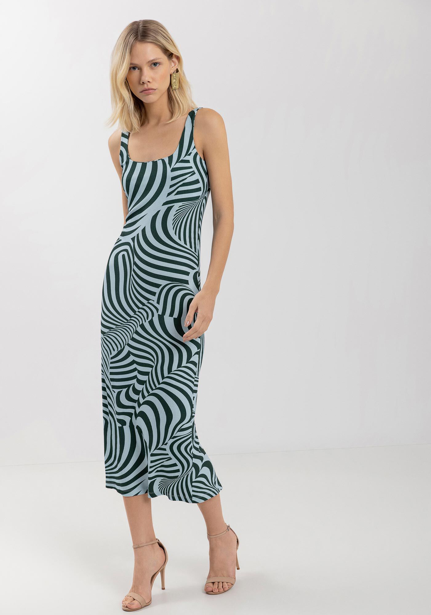 Vestido De Al&ccedil;as Midi Ch&aacute; Estampado Em Malha Canelada, SILHOUETTE AZUL, large.