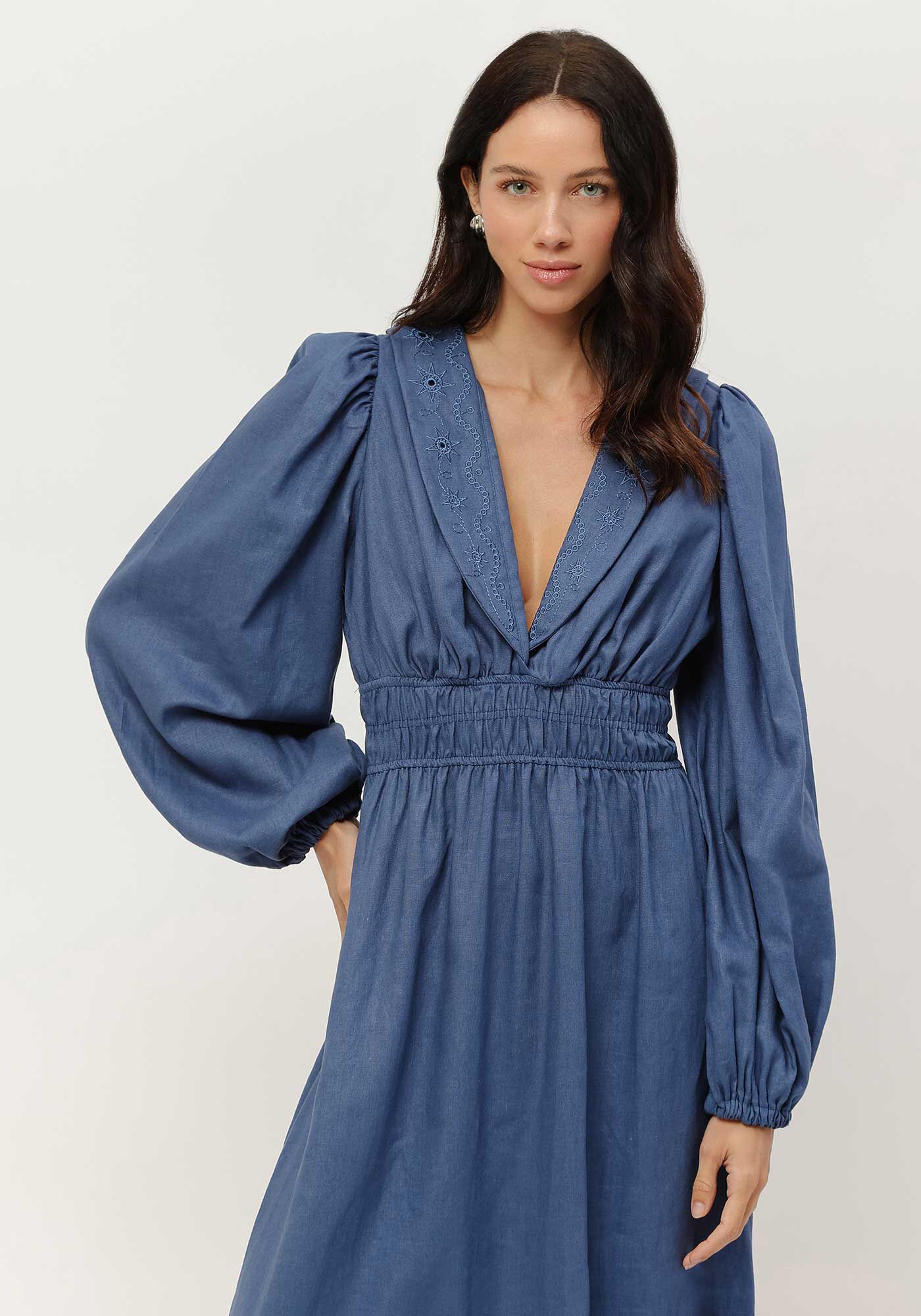 Vestido Midi em Linho com Manga Longa Bufante, MARINHO STELLA, large.