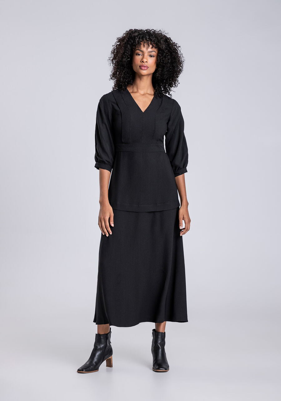 Vestido Crepe Manga 3/4 Midi com Pregas Decote, PRETO REATIVO. Vestido Crepe Manga 3/4 Midi com Pregas Decote, PRETO REATIVO, large.