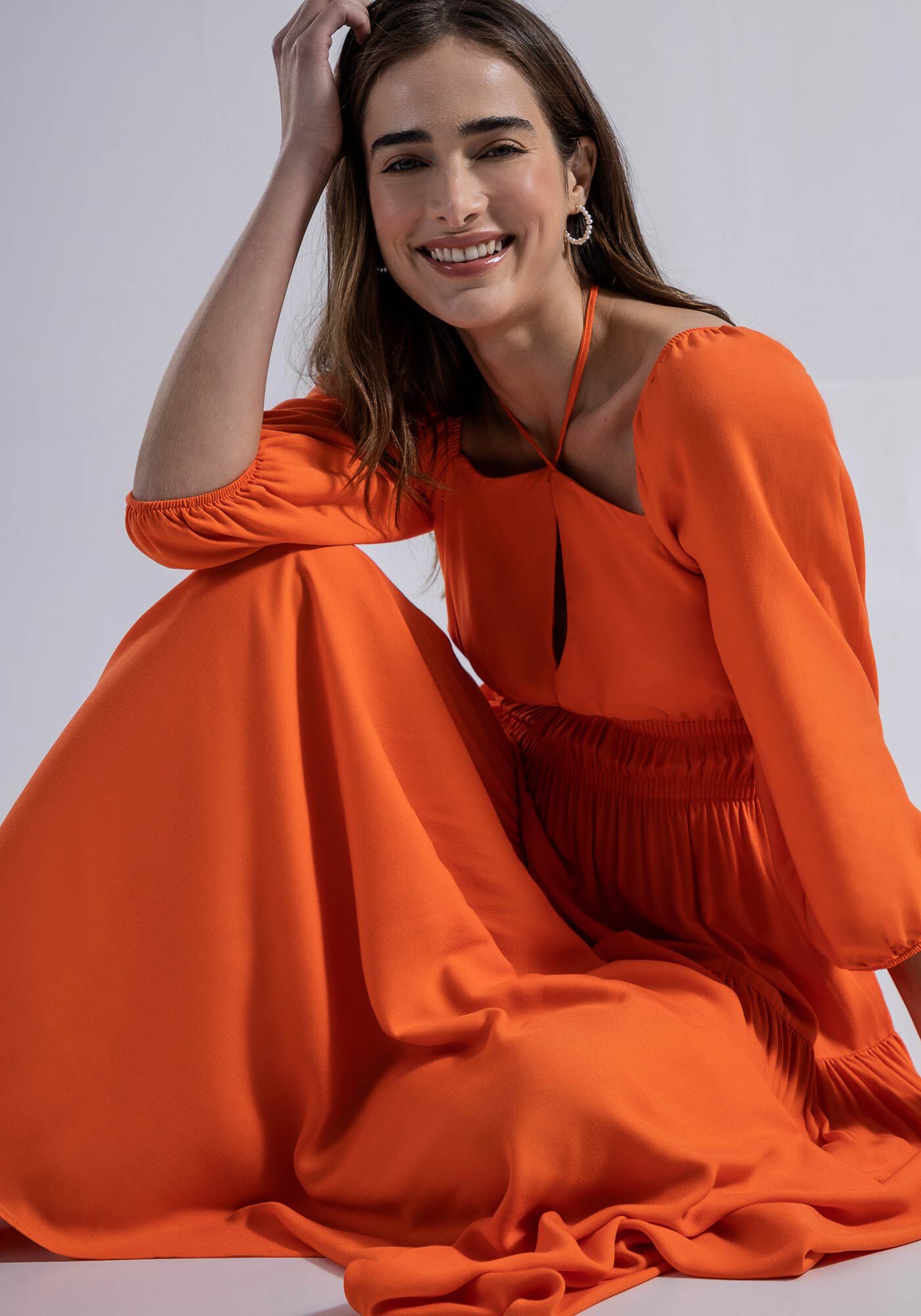 Vestido Longo em Viscose com Recorte e Franzido, , large.