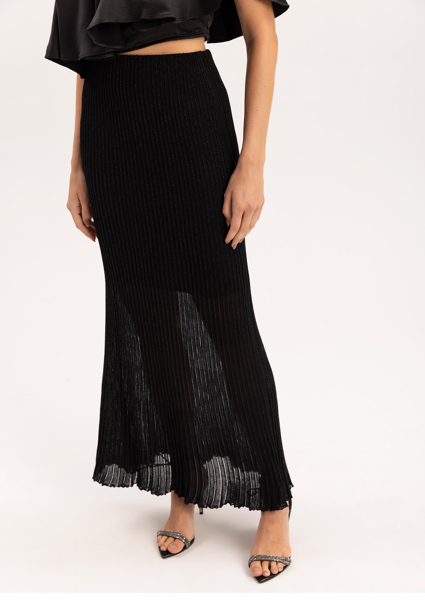 Saia Longa em Tric&ocirc; Lurex com Cintura Alta, PRETO REATIVO, large.