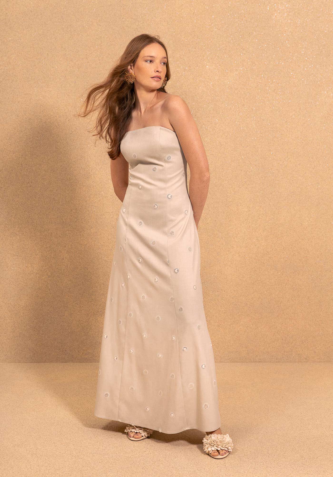 Vestido Longo De Al&ccedil;as Remov&iacute;veis Em Tecido Bordado, BEGE BISCUIT, large.