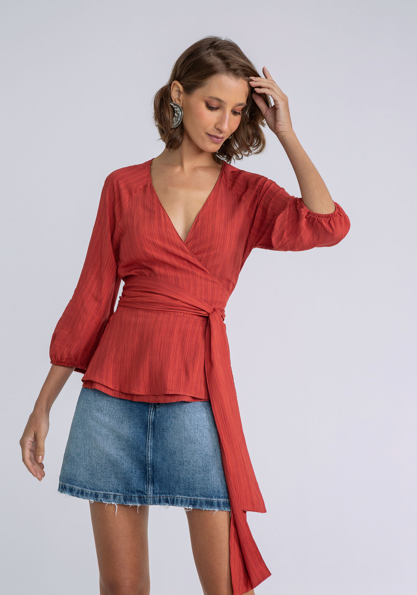 Blusa Manga 3/4 com Faixa Estampa, LINHAS, large.